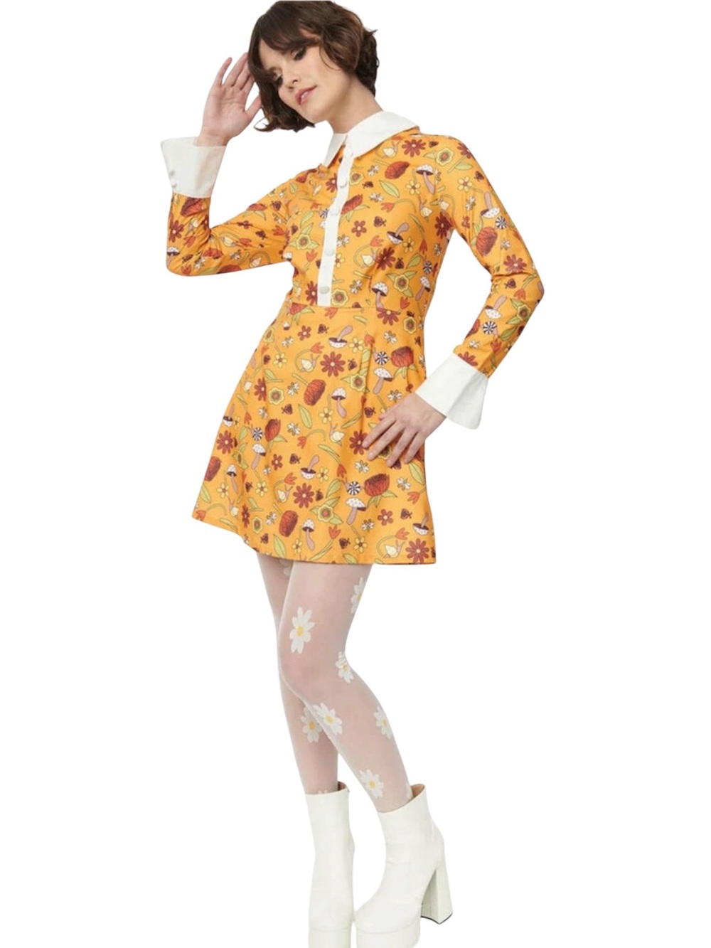 Women's Floral Mini Dress with White Collar - Orange